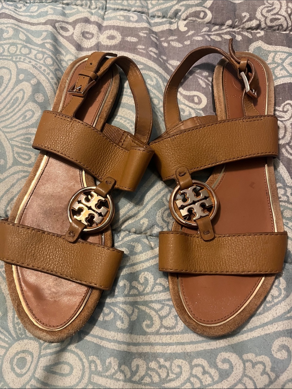 Tory Burch Tan Leather Logo Medallion Slingback Sandals